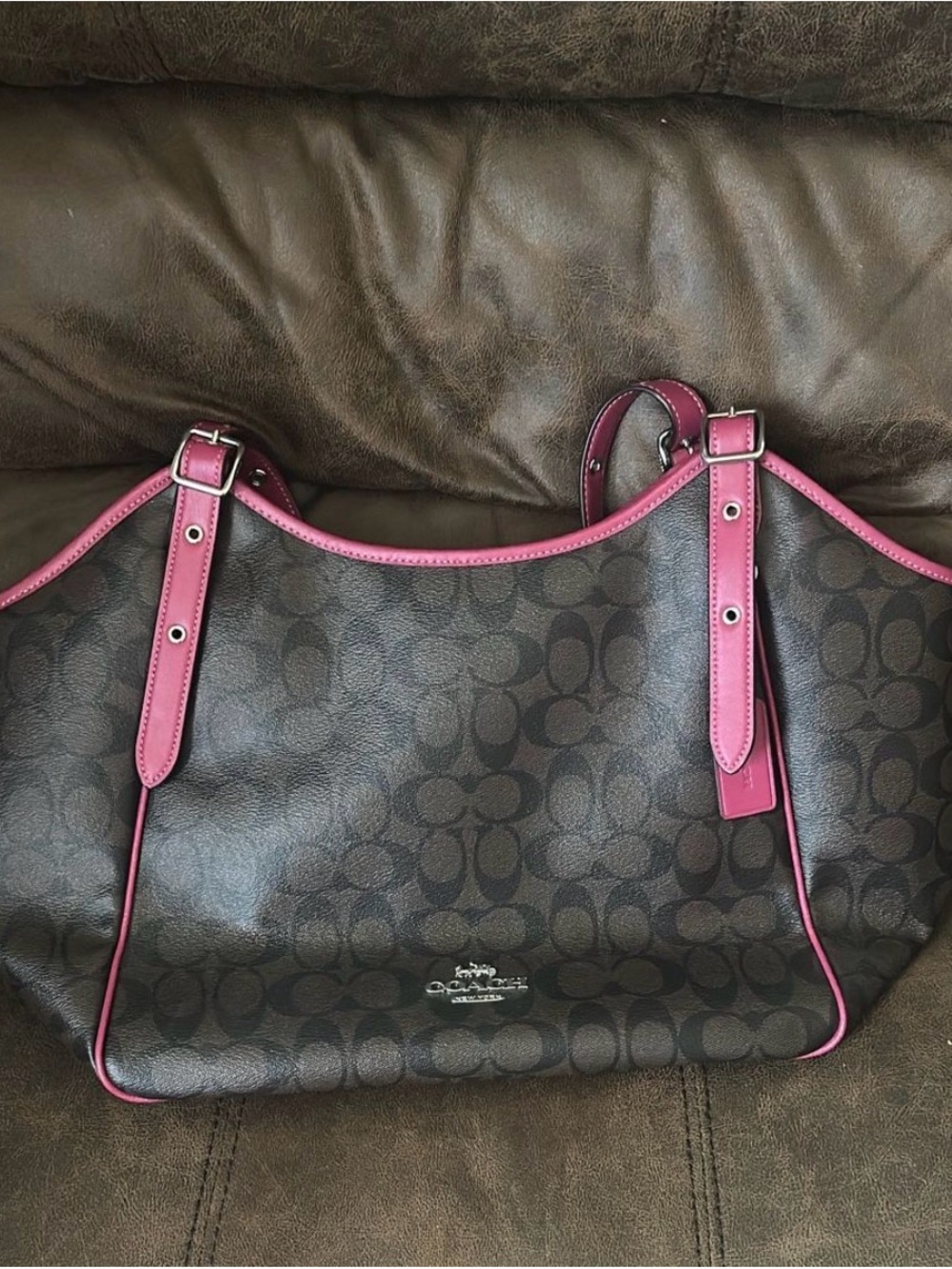 Coach Brown Signature Canvas Shoulder Bag with Pink Trim